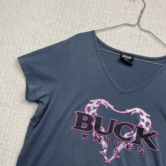 Y2K VTG Buck Knives Gray V Neck T Shirt Women's XXL Goth Holographic Heart Cyber - Picture 2 of 16